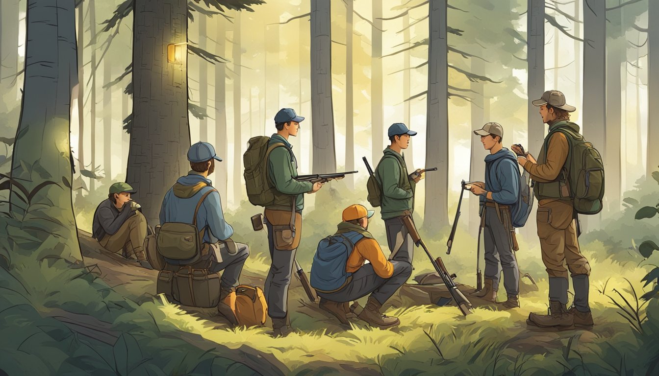 A group of young hunters, accompanied by adult supervisors, gather in a forest clearing. They are preparing their gear and discussing safety guidelines for the upcoming hunting trip