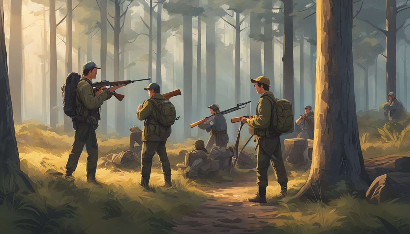 A group of young hunters gather gear and check rifles in a forest clearing at dawn