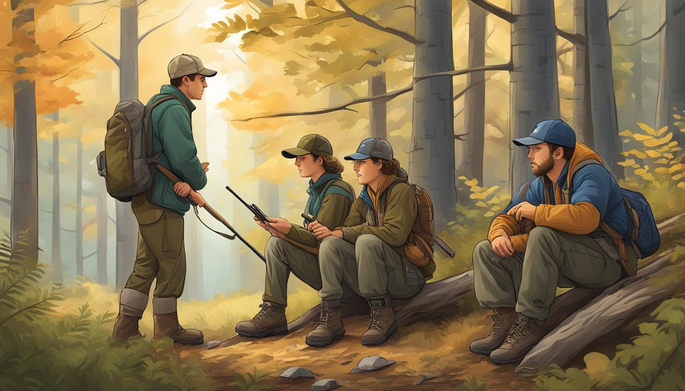 A group of young hunters, accompanied by adult mentors, are in a forest setting, observing and learning about game management and conservation practices