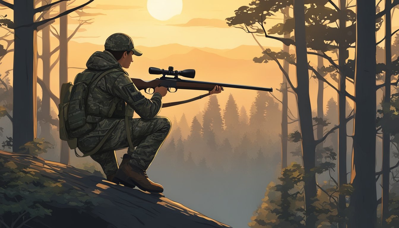 A young hunter in camouflage waits in a tree stand at dawn, surrounded by dense forest. A rifle rests on the stand's railing, and the sun begins to rise in the distance