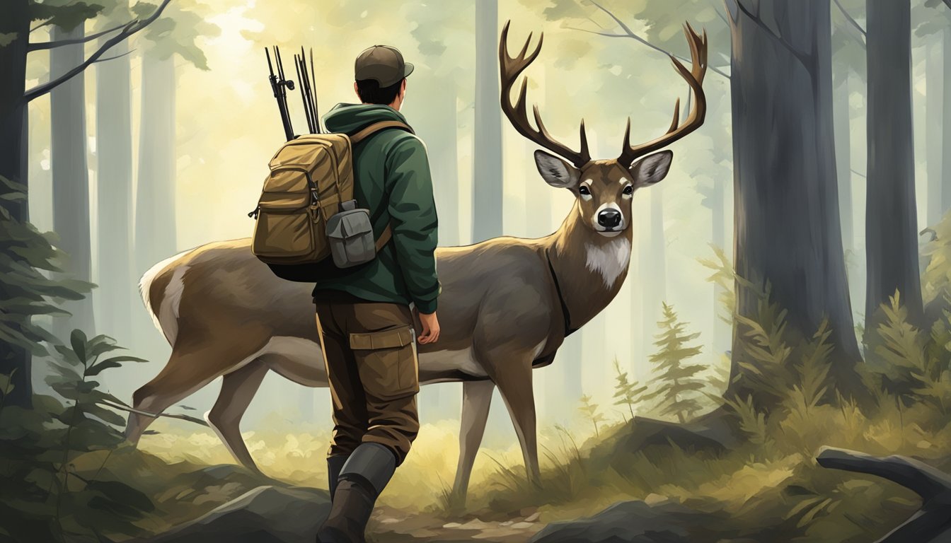 A young hunter quietly tracking a deer through the forest, showing respect for the animal and the environment