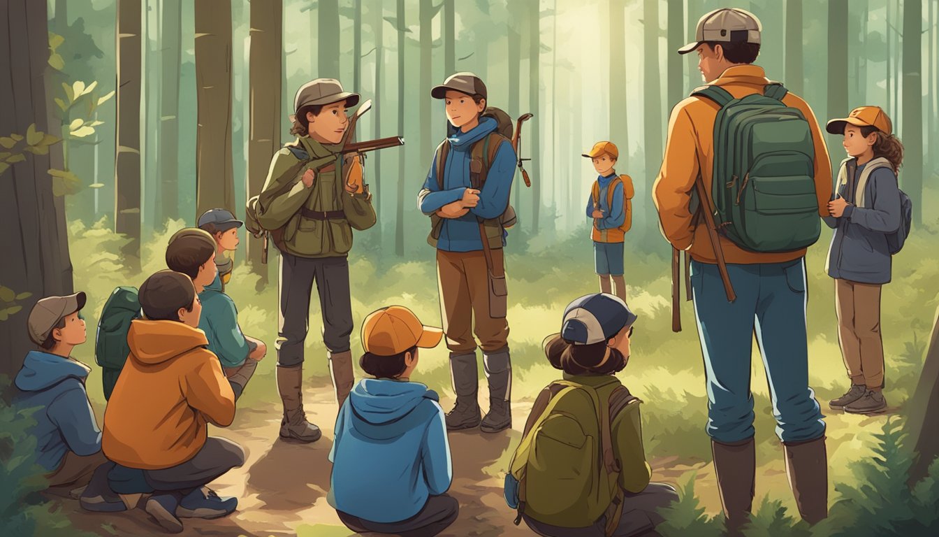 A group of children, accompanied by adults, gather in a forest with hunting gear. They listen attentively as an instructor explains hunting regulations and ethics