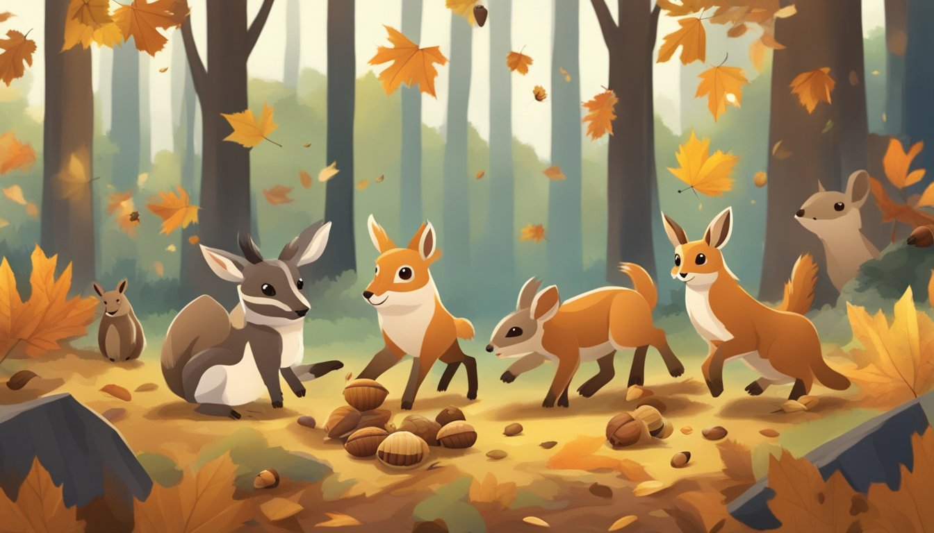 A group of young animals playing in a forest clearing, surrounded by fallen leaves and a few scattered acorns