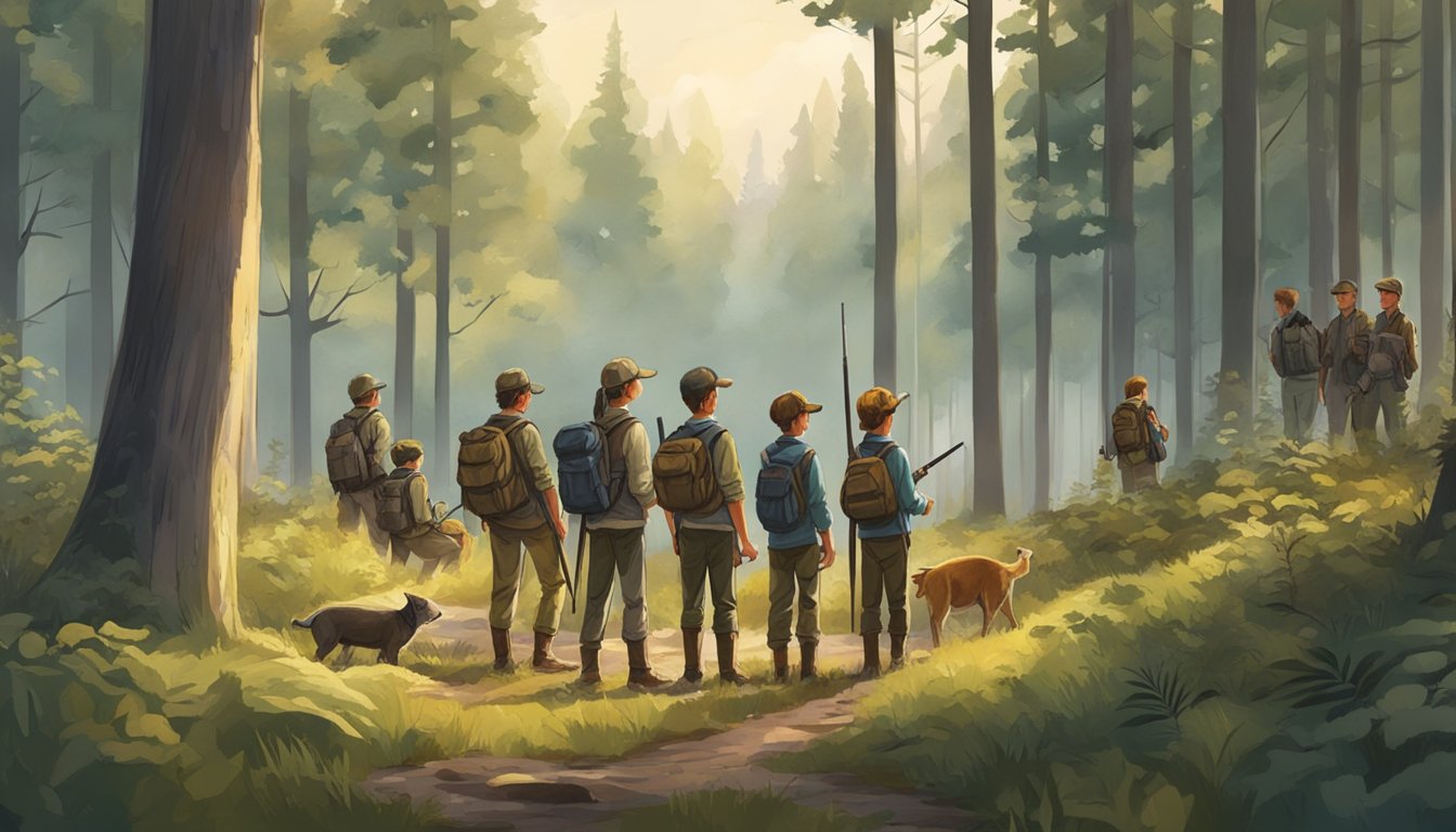 A group of young hunters gather in a forest clearing, accompanied by adult supervisors. They carry hunting gear and rifles, eagerly awaiting the start of youth hunting day