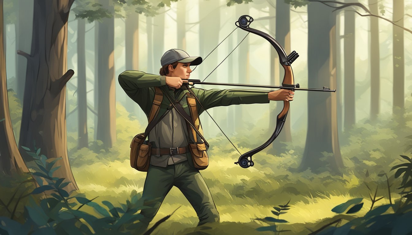 A young hunter carefully aims a bow at a target in a forest clearing, surrounded by trees and wildlife