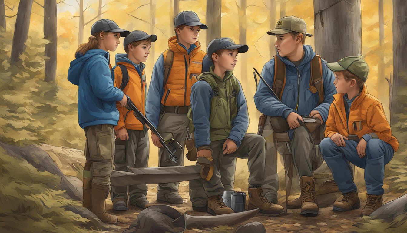 A group of young hunters gather their gear and review safety procedures before heading out for youth hunting day