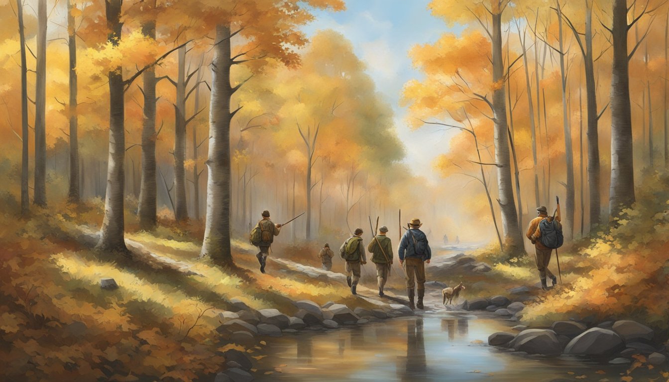 A group of young hunters, accompanied by adult mentors, venture into the woods on a crisp autumn morning. The forest is alive with the colors of fall, and the air is filled with the sounds of birds and rustling leaves