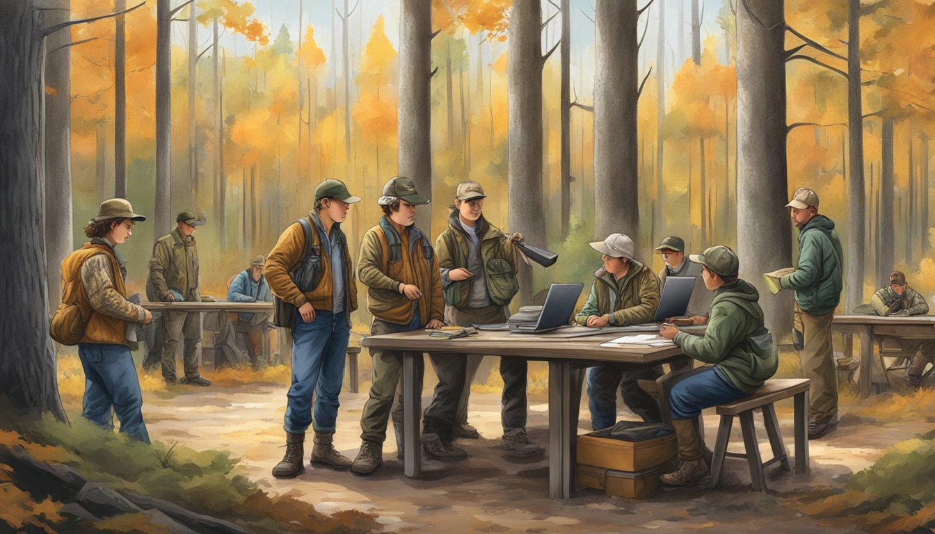 A group of young hunters gather at a registration table, surrounded by trees and wildlife, while officials check their licenses and permits for youth hunting day