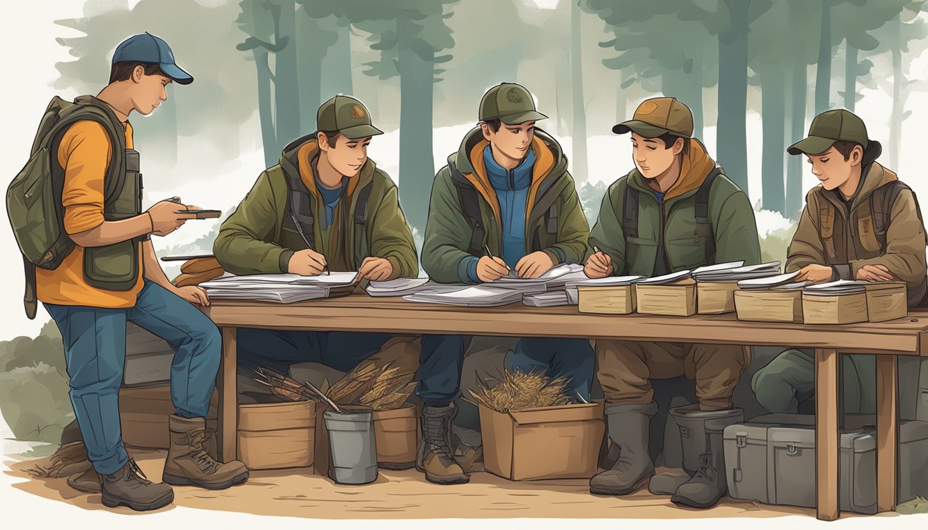 A group of young hunters with their harvested game, filling out reporting forms at a check-in station on youth hunting day