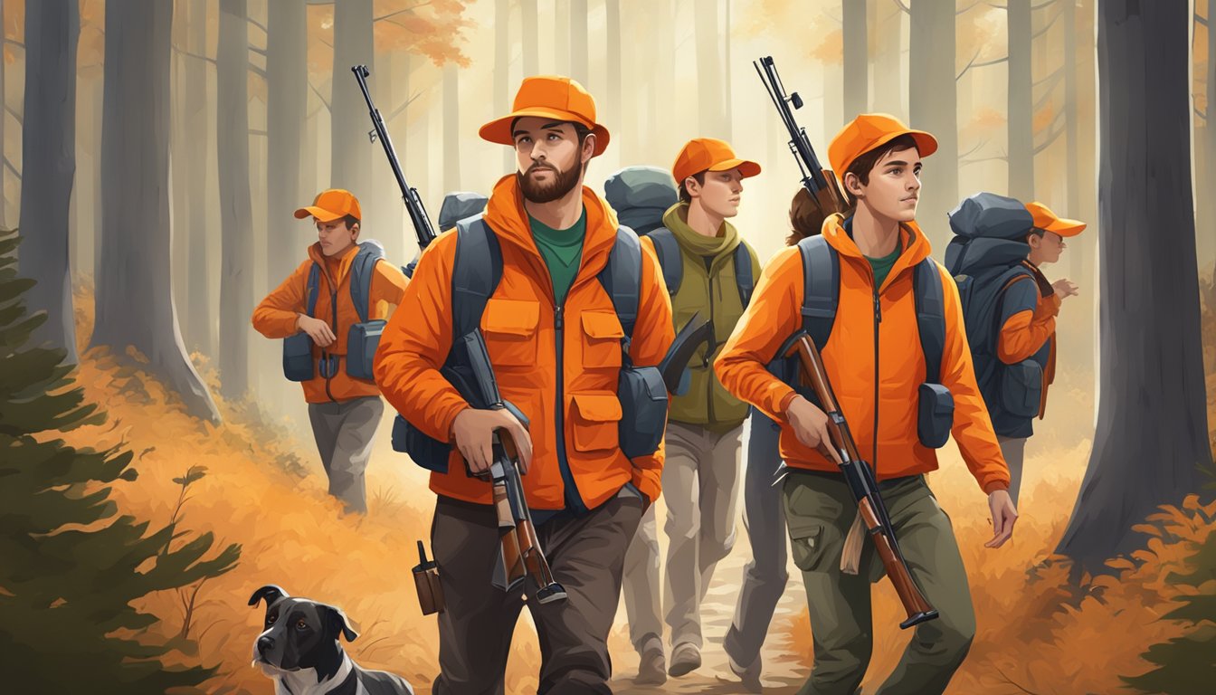 A group of young hunters, wearing bright orange vests and hats, carrying rifles, walking through a forest with signs indicating hunting season dates and safety regulations