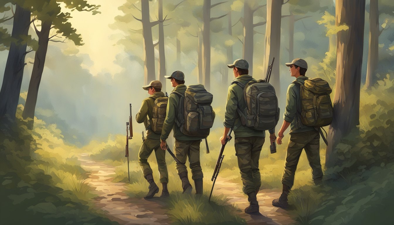 A group of young hunters, dressed in camouflage, carrying rifles and backpacks, trek through a wooded area in the early morning light