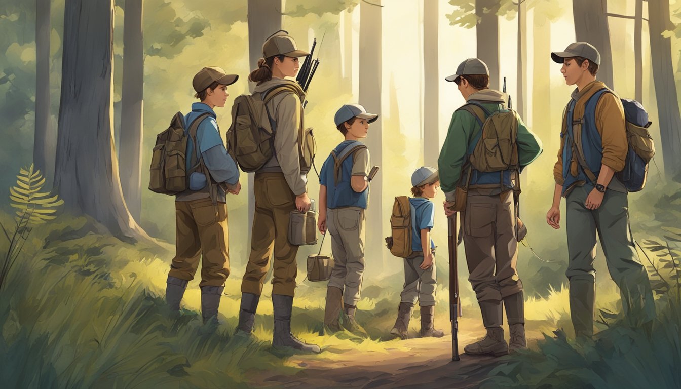 A group of young hunters gather in a forest clearing, accompanied by adult mentors. They carry hunting gear and eagerly await the start of youth hunting day