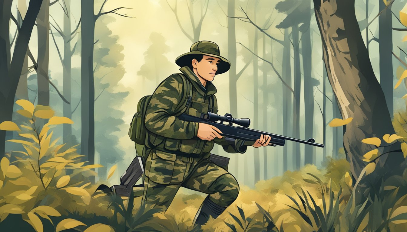 A hunter in camouflage with a rifle and binoculars in a forest clearing during youth hunting season