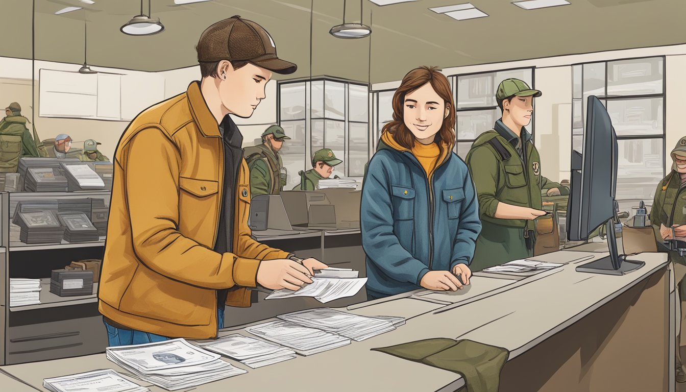 A young person buying a hunting license from a wildlife department office counter