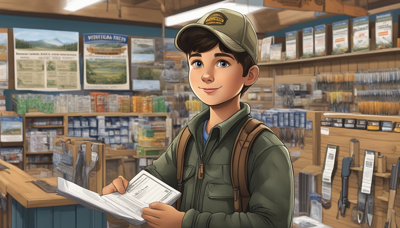 A young hunter proudly displays their newly purchased youth hunting license at a local outdoor supply store