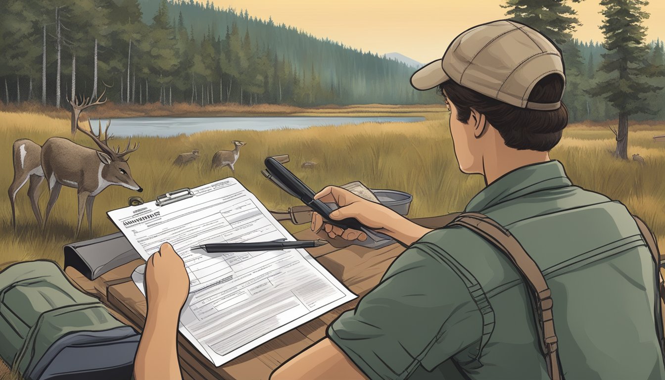 A young person filling out a hunting license application with a conservation and legal guide nearby