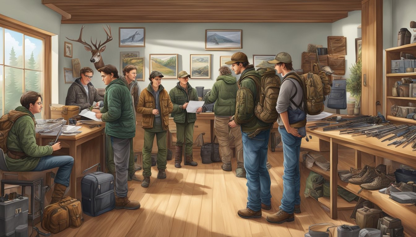 A group of young hunters purchasing licenses at a wildlife office, surrounded by outdoor gear and hunting equipment