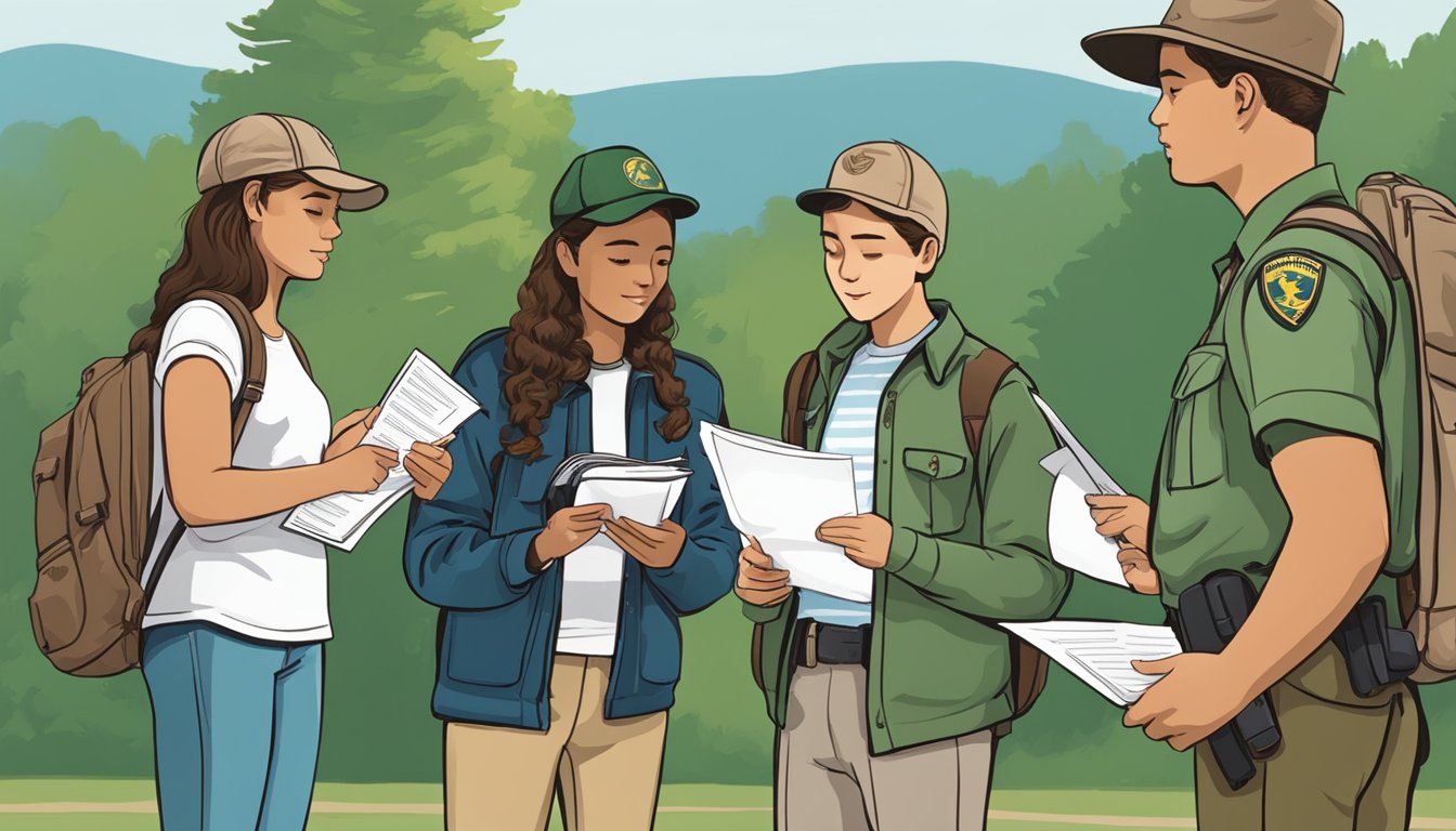 A group of teenagers standing in line at a state wildlife office, holding forms and identification, while a park ranger checks their paperwork