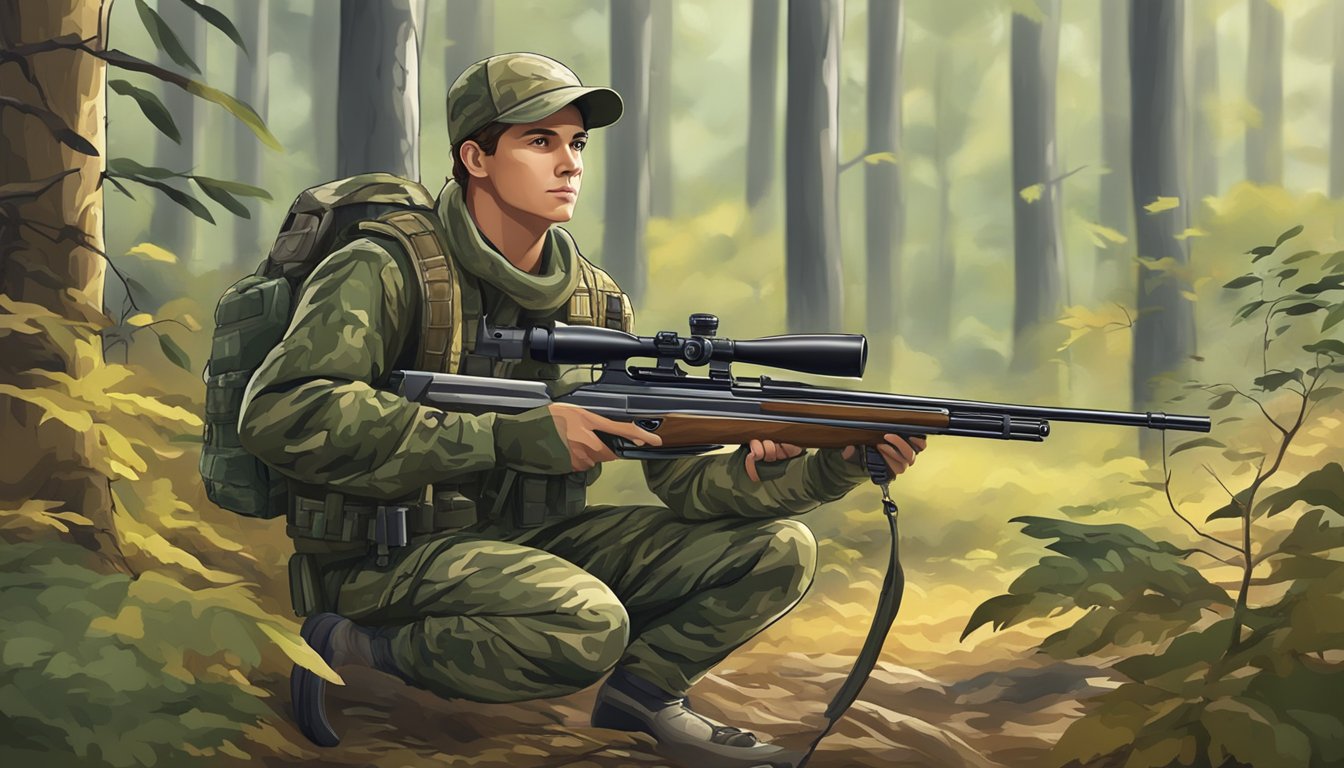 A young hunter in camouflage with a rifle in a forest clearing