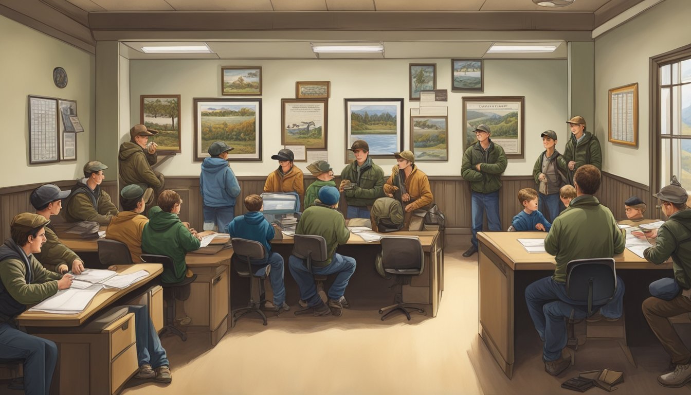 A group of young hunters gather at a government office to apply for special permits and youth hunting licenses. Wildlife posters adorn the walls