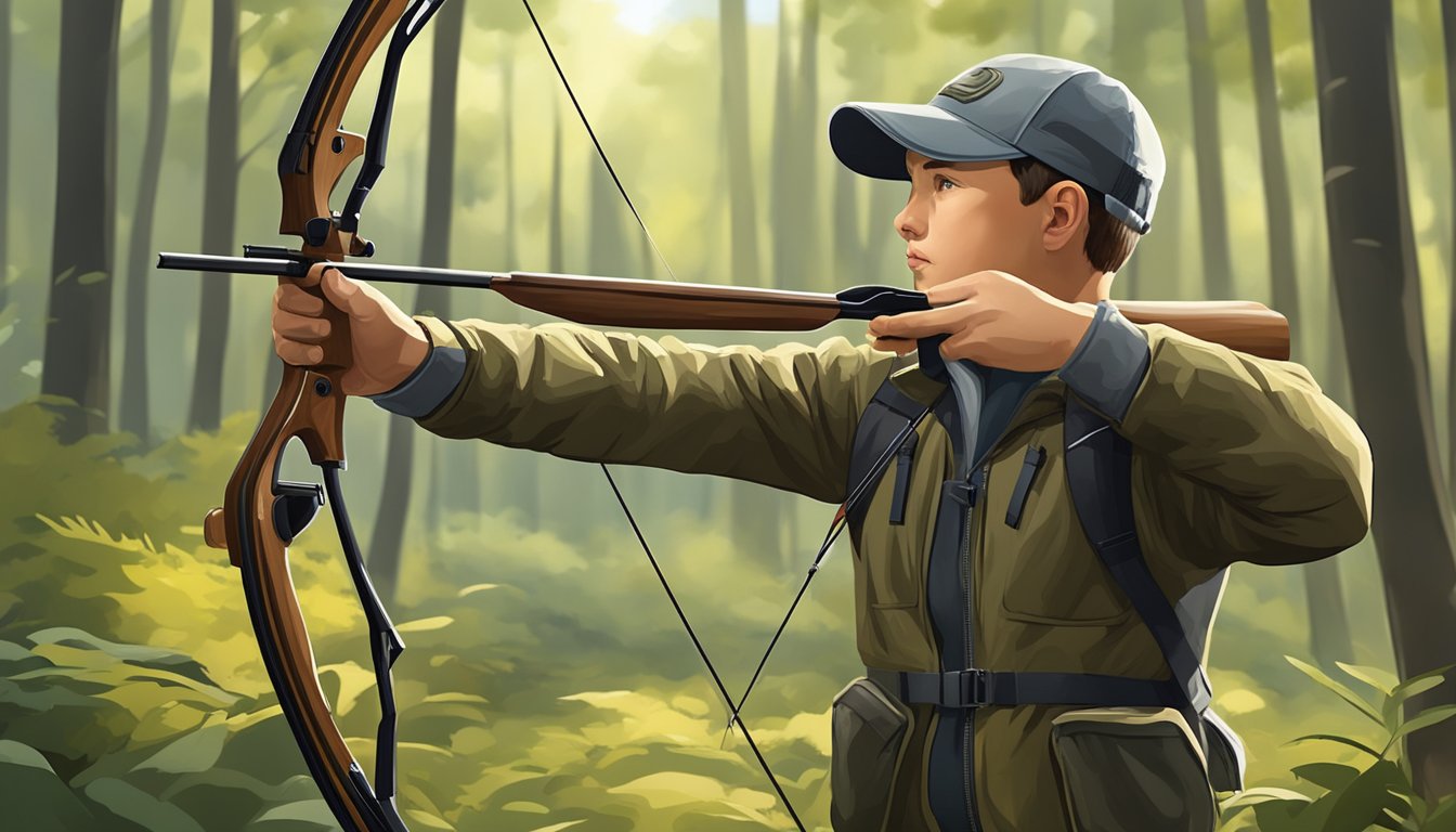 A young hunter carefully aims a bow at a target in a wooded area, surrounded by safety equipment and guided by an adult mentor