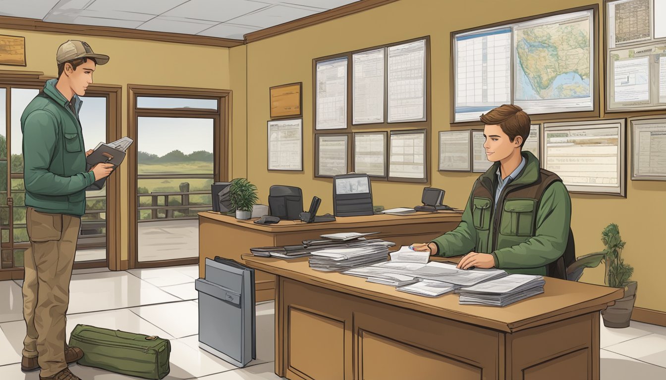 A young hunter purchasing a combination license at a wildlife agency office, with additional privileges pamphlets displayed nearby