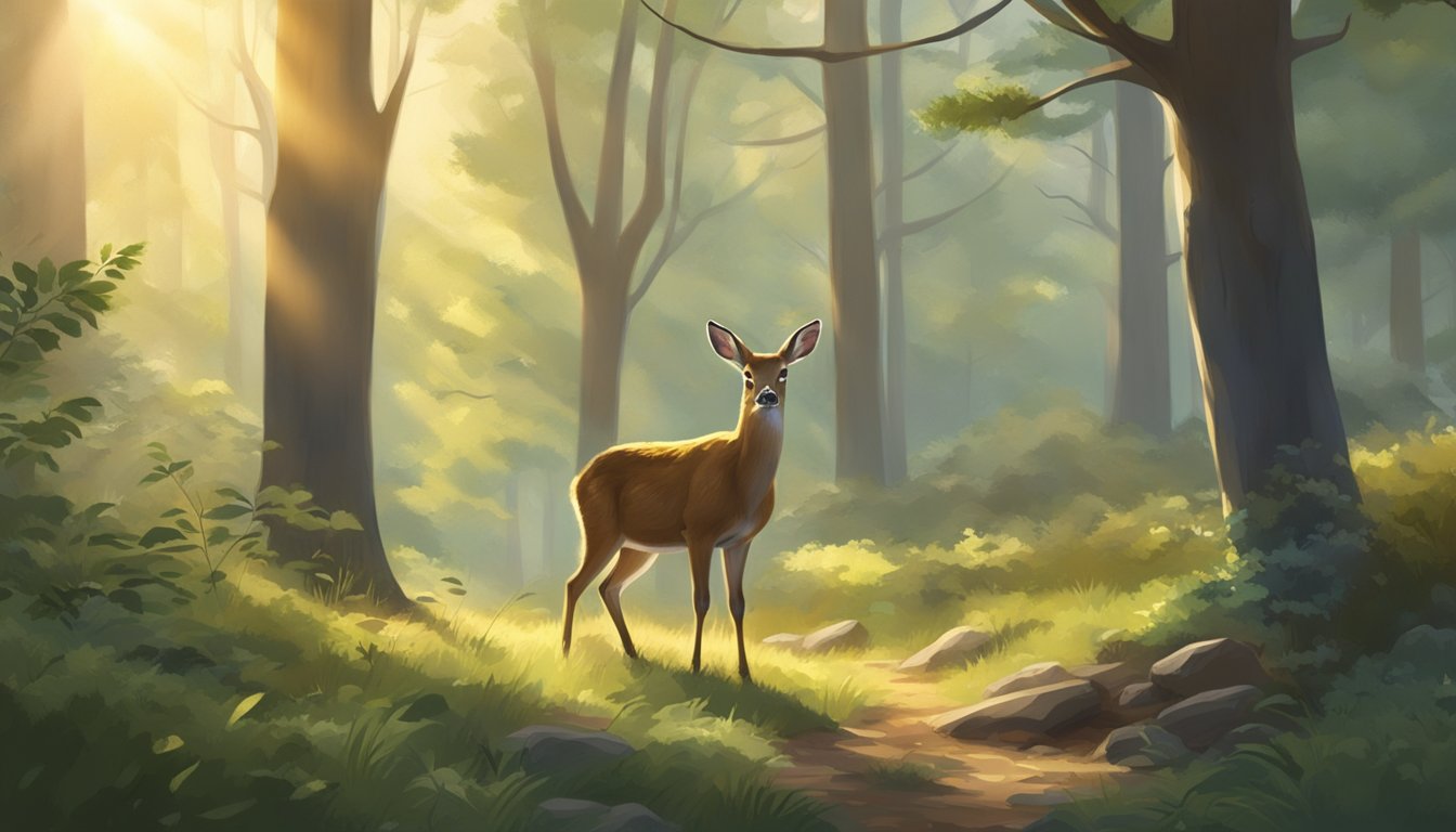 A young deer cautiously approaches a forest clearing, sunlight filtering through the trees. Nearby, a pair of rabbits playfully hop through the underbrush