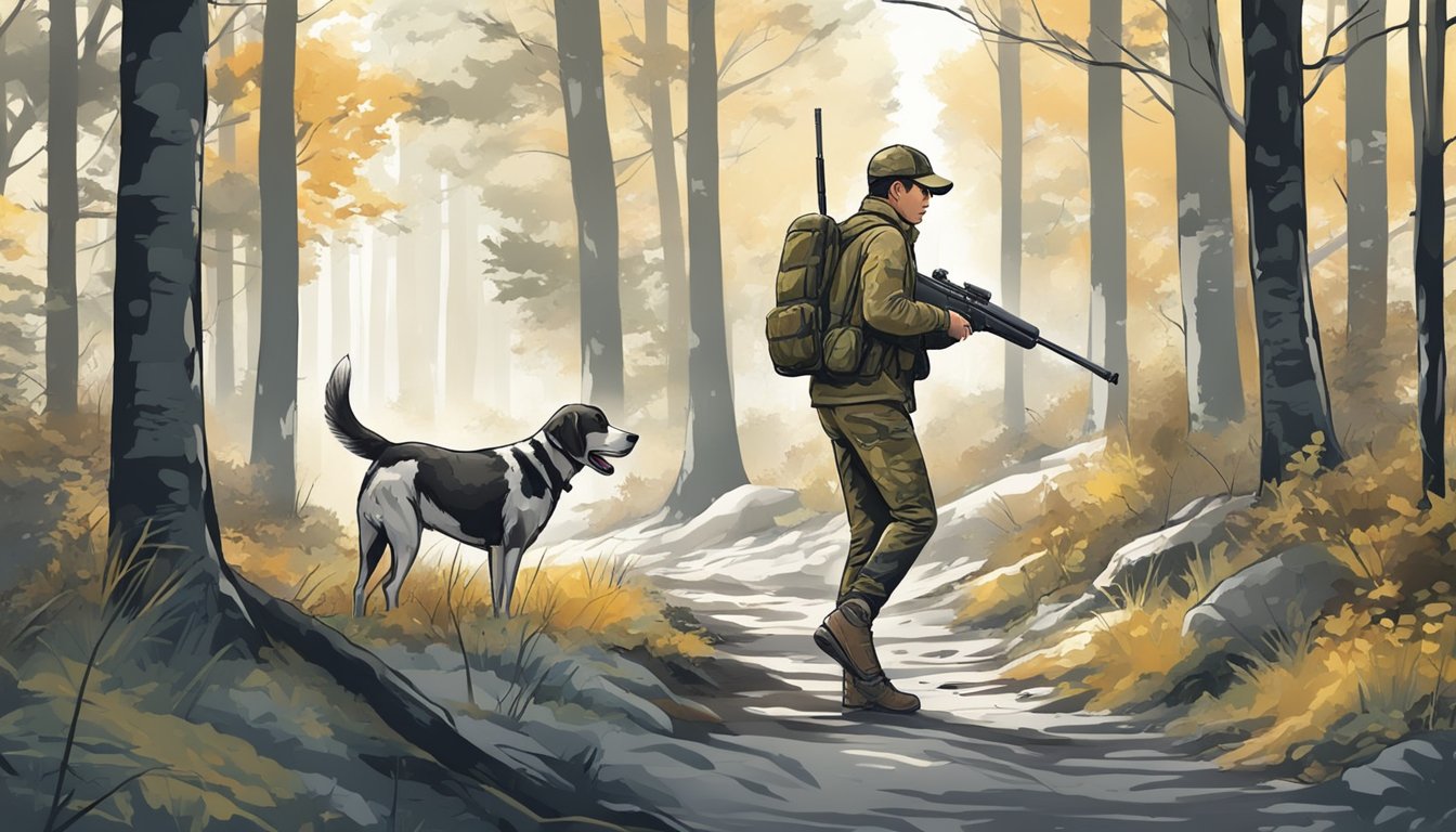 A young hunter, carrying a rifle and wearing camouflage, quietly stalks through the woods, scanning for game. A hunting dog eagerly follows alongside