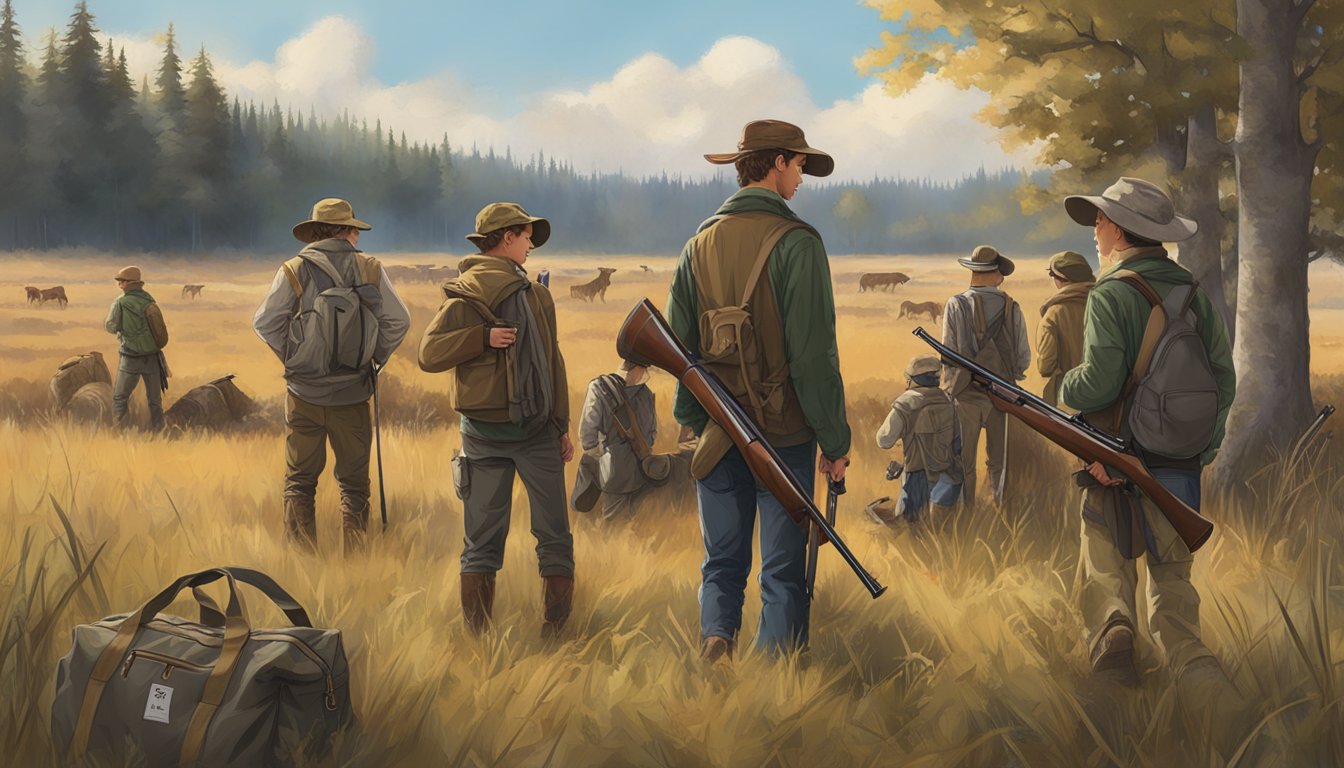 A group of young hunters and their mentors stand in a field, holding their rifles and checking their bag limits. Signs with legal hunting regulations are posted nearby