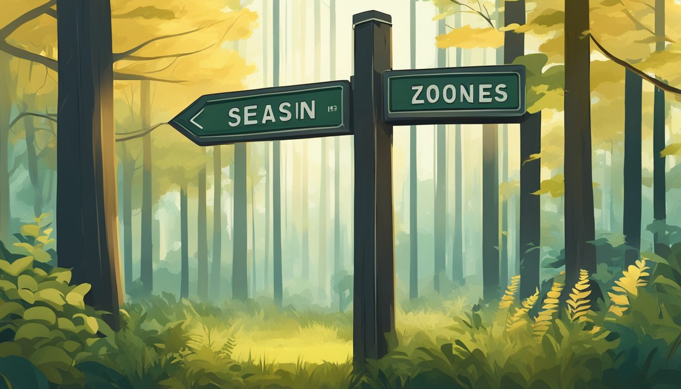 A serene forest clearing with a signpost indicating hunting zones and season dates, surrounded by lush vegetation and wildlife