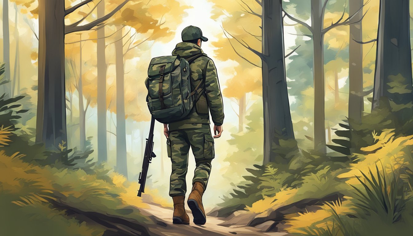 A young hunter wearing camo jacket, pants, and boots, carrying a rifle and backpack, walking through a forest