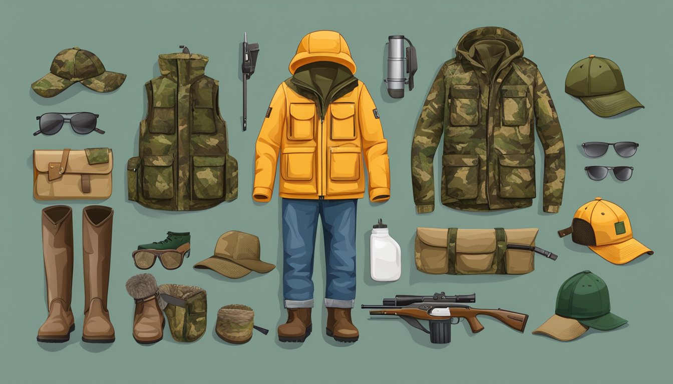 A young hunter's apparel laid out with camouflage jackets, hats, boots, and hunting accessories