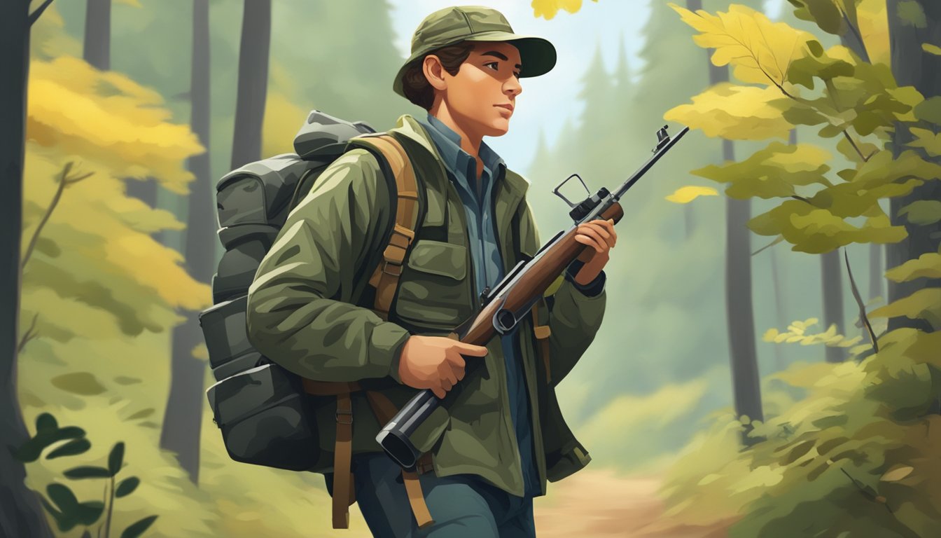 A young hunter carrying a backpack with a water bottle, binoculars, and a camouflage hat, walking through a forest with a rifle slung over their shoulder