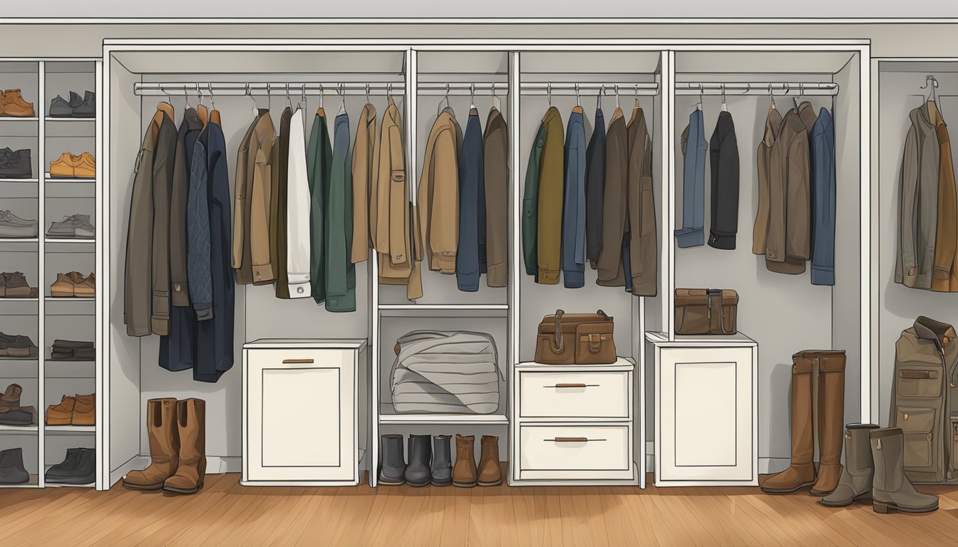 A well-organized closet with hunting jackets, pants, and boots neatly hung and stored in a clean and tidy space