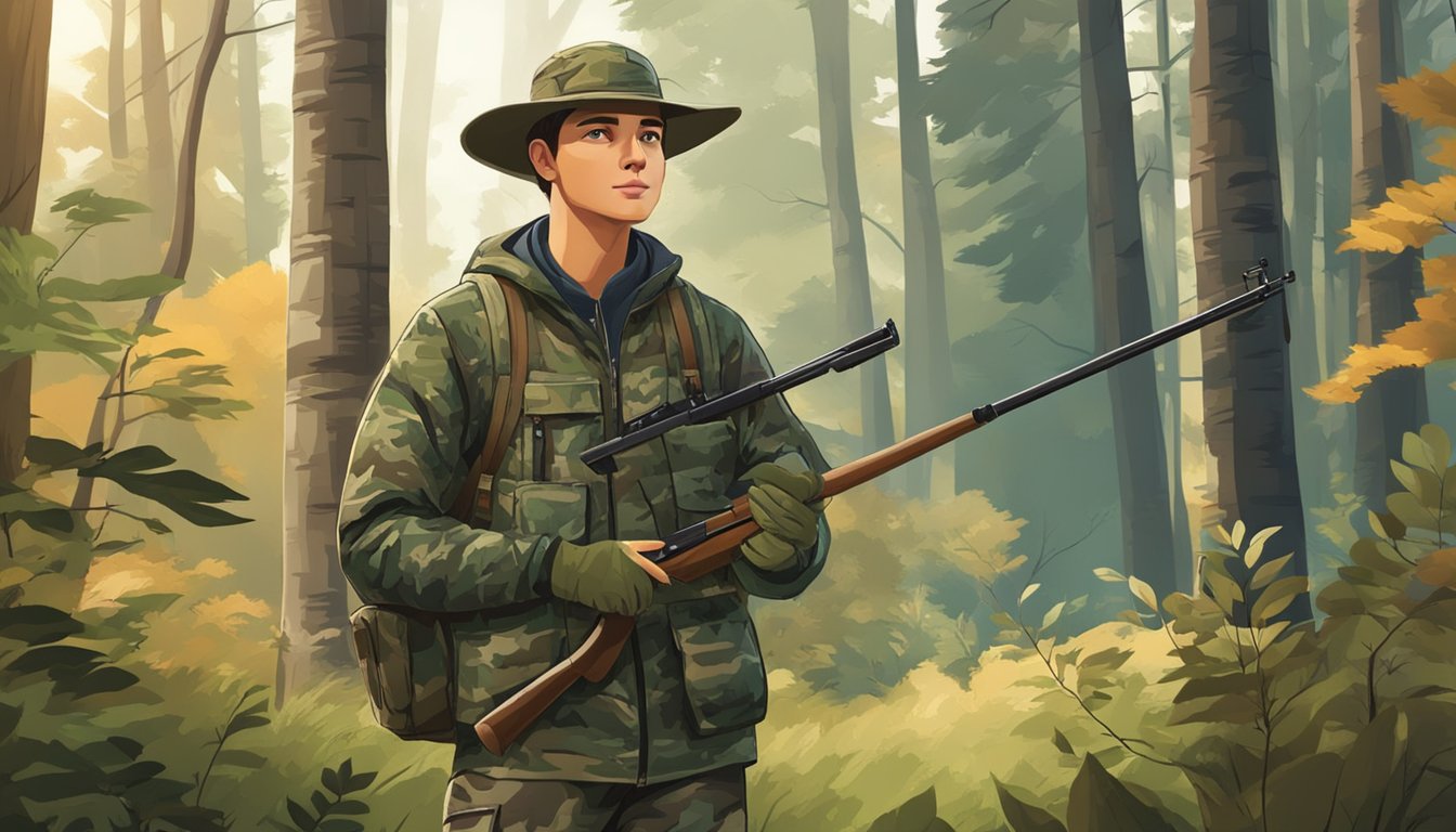 A young hunter in camouflage apparel stands in a forest clearing, surrounded by trees and wildlife. The apparel is practical and durable, designed for outdoor use