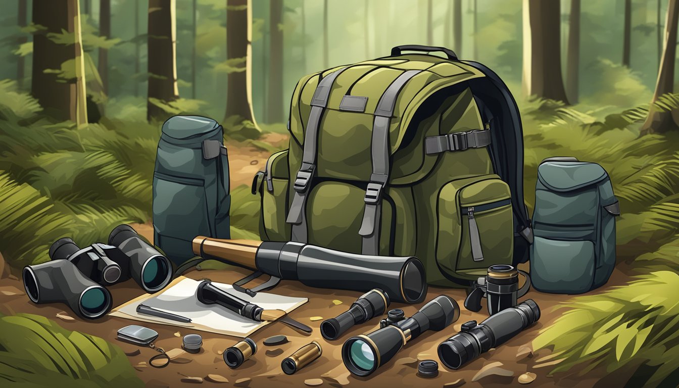 A hunting backpack, camouflage clothing, binoculars, a hunting knife, and a rifle laid out on a forest floor