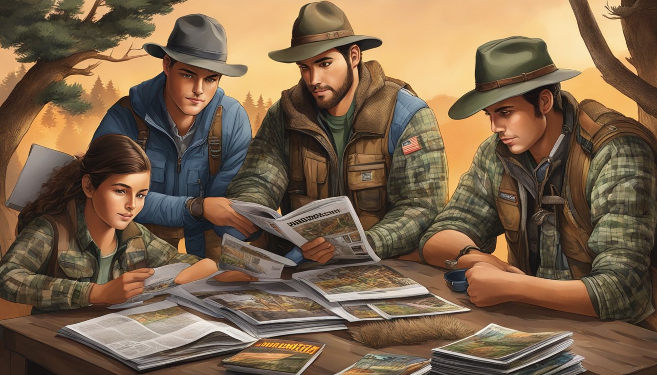 A group of young hunters gather around a table covered in hunting apparel catalogs and magazines, discussing the latest trends and styles