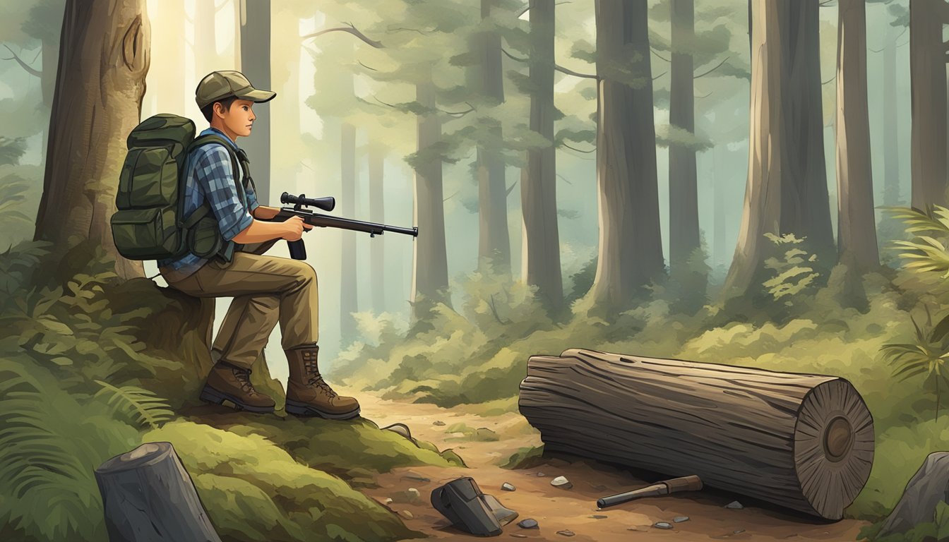 A forest clearing with a tree stump holding youth hunting accessories like a camouflage backpack, binoculars, and a small rifle leaning against the trunk