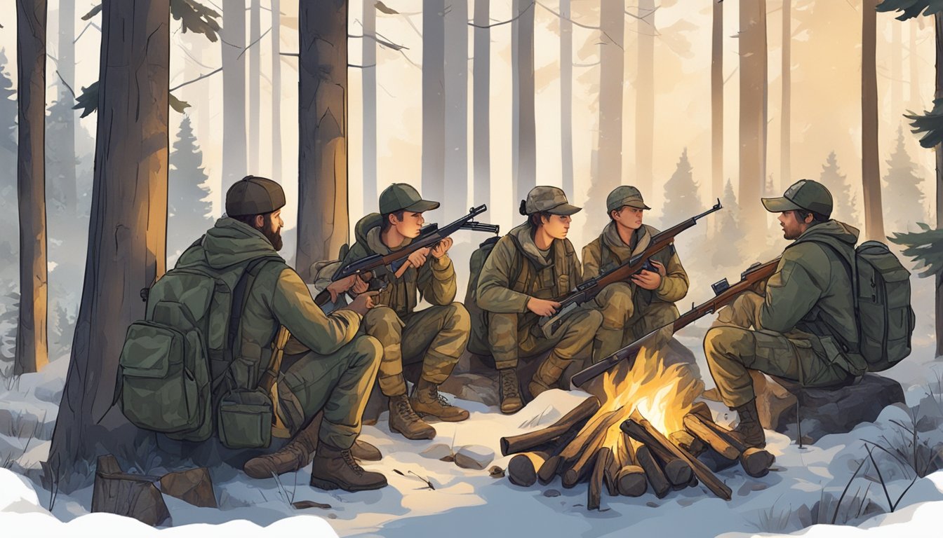 A group of young hunters in camouflage apparel gather around a campfire in a forest clearing, with rifles and gear scattered around them