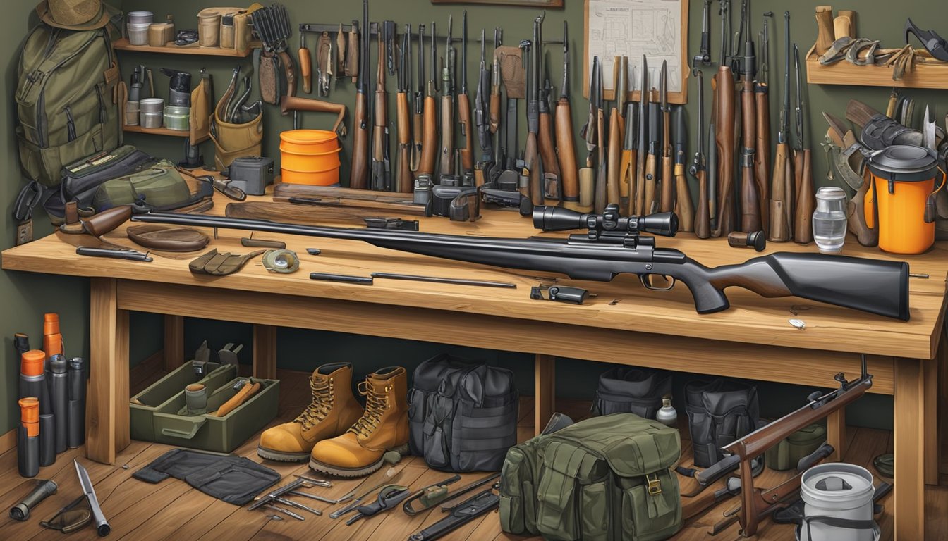 A cluttered workbench with various hunting gear laid out for maintenance and care, including rifles, bows, camouflage clothing, and hunting accessories