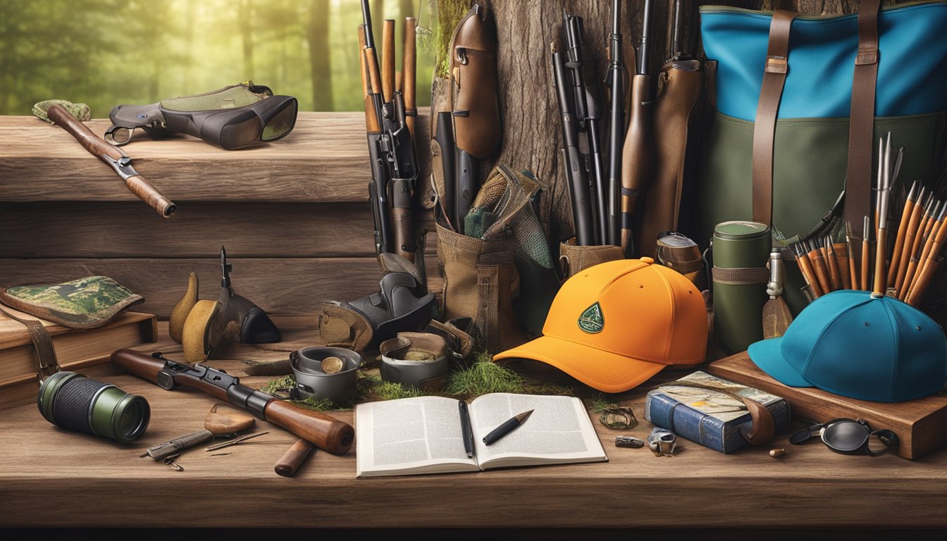 A display of colorful youth hunting accessories arranged on a table in a rustic outdoor setting, surrounded by educational resources and nature-themed decor