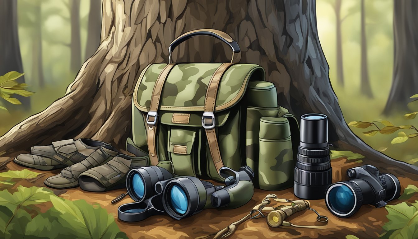 A youth hunting bag hanging from a tree branch, surrounded by camouflage gear and a pair of binoculars