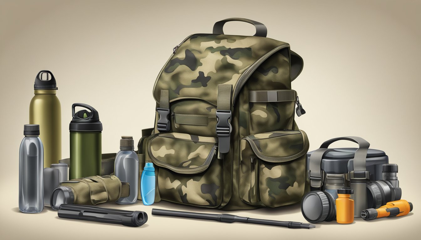 A youth hunting bag filled with gear, including a camouflage pattern, water bottle, and pockets for ammunition and supplies