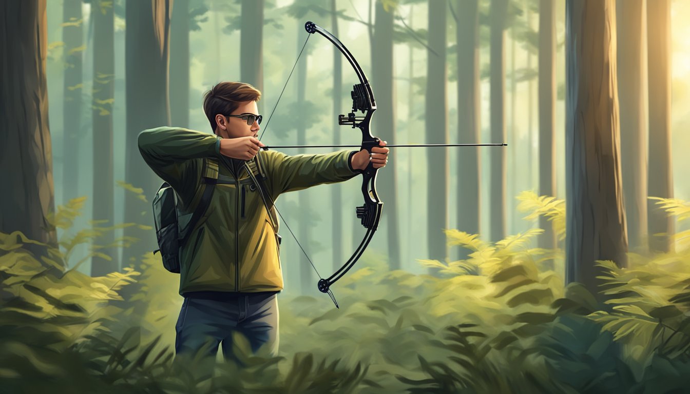 A young hunter prepares to release an arrow from a sleek compound bow, aiming at a distant target in the tranquil forest