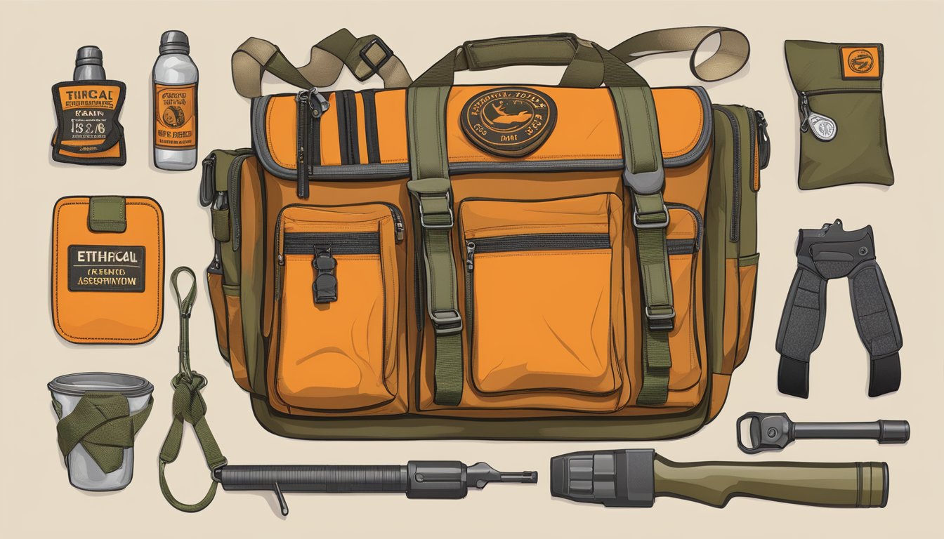 A hunter's bag with ethical hunting gear, safety orange, and wildlife conservation patches