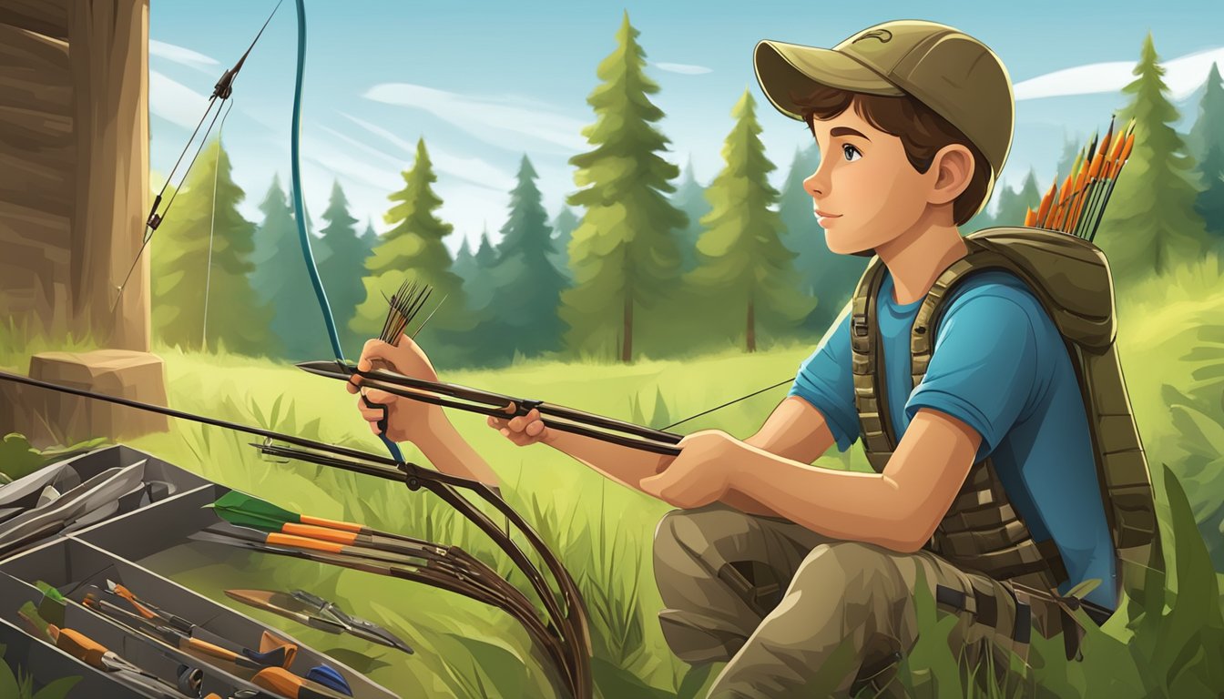 A young hunter carefully selects and organizes their arrow accessories for a day of youth hunting