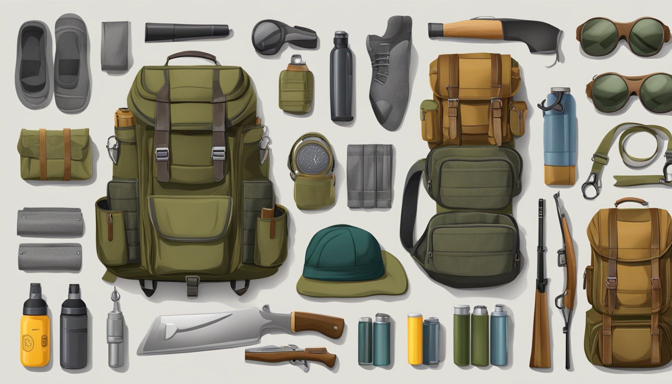 A hunting bag laid out with various compartments and pockets, filled with supplies and equipment for preparation and maintenance