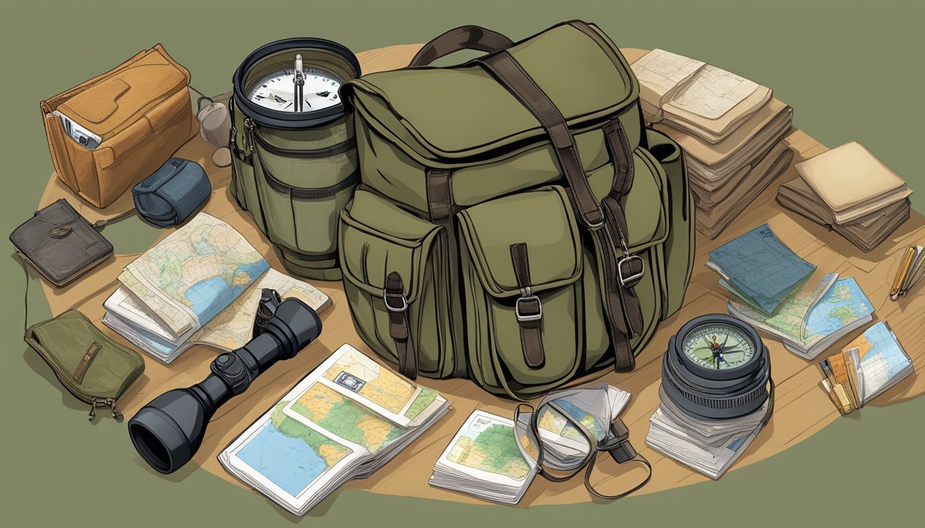 A young hunter's bag filled with educational resources, including field guides, maps, and wildlife identification cards, sits next to a pair of binoculars and a compass