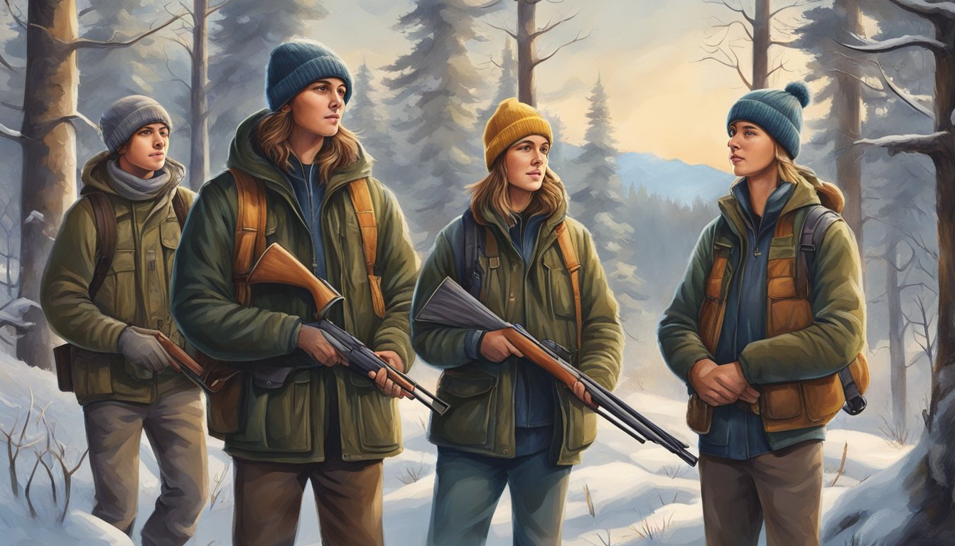 A group of young hunters wearing beanies, surrounded by trees and wildlife, enjoying the benefits of hunting in the great outdoors