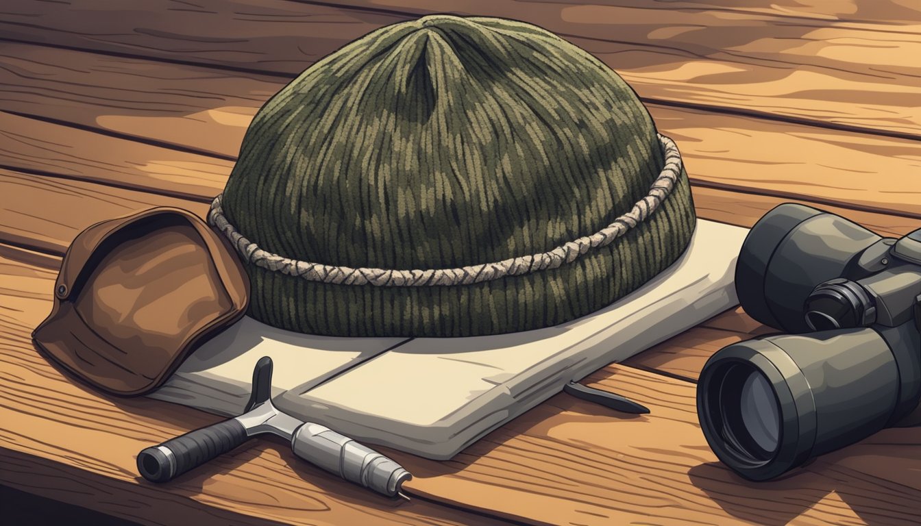 A cozy beanie made of wool, with a camouflage pattern, rests on a wooden table next to a hunting knife and a pair of binoculars